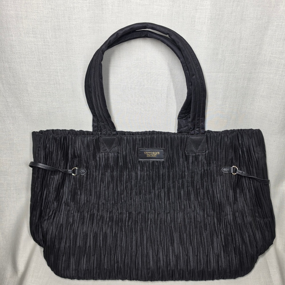 Victoria's Secret Tote Bag Womens OS Black Pleated Satin Zipper Shoulder Bag
